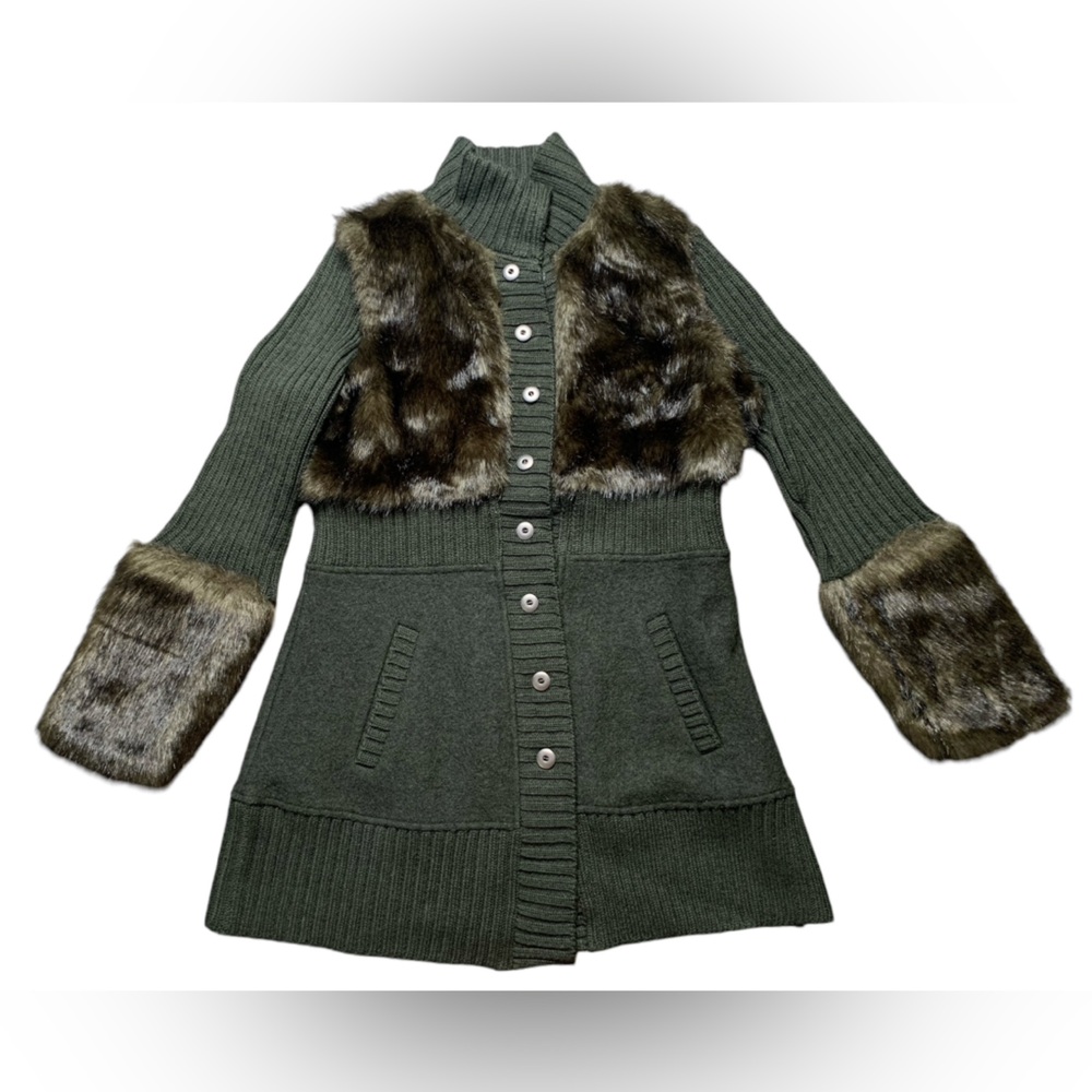 CoVelo Moscow Jacket Green Merino Wool Silk Faux Fur Trim BW11-51 NWT L
